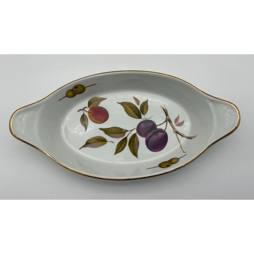 Royal Worcester Evesham Vale Gold Vintage 10 in Au Gratin  Oval Dish Fruit Theme